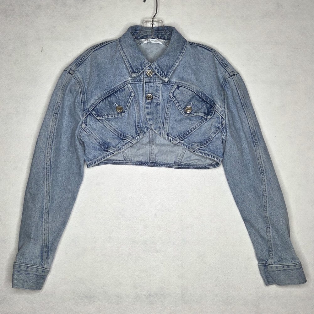 Zara Ultra Cropped Denim Jacket Arched Hem Bolero Style Festival Western Small